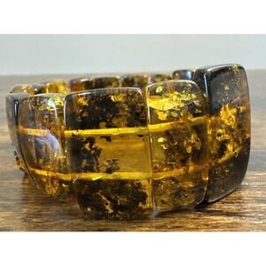 Baltic Amber Stretch Bracelet Large Rectangular Cognac Honey Polished Panels